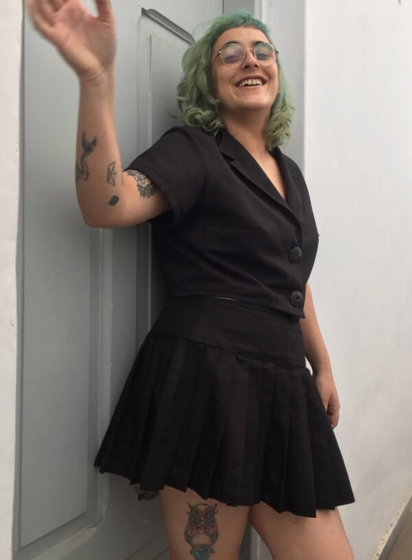 saia de dobradura curtinha de linho